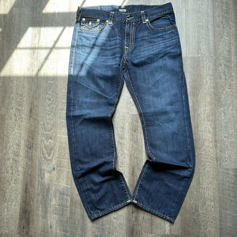 True Religion Jeans Mens 38x32 Blue Ricky Big T Flap Pocket Thick Stitch Y2K Mb3